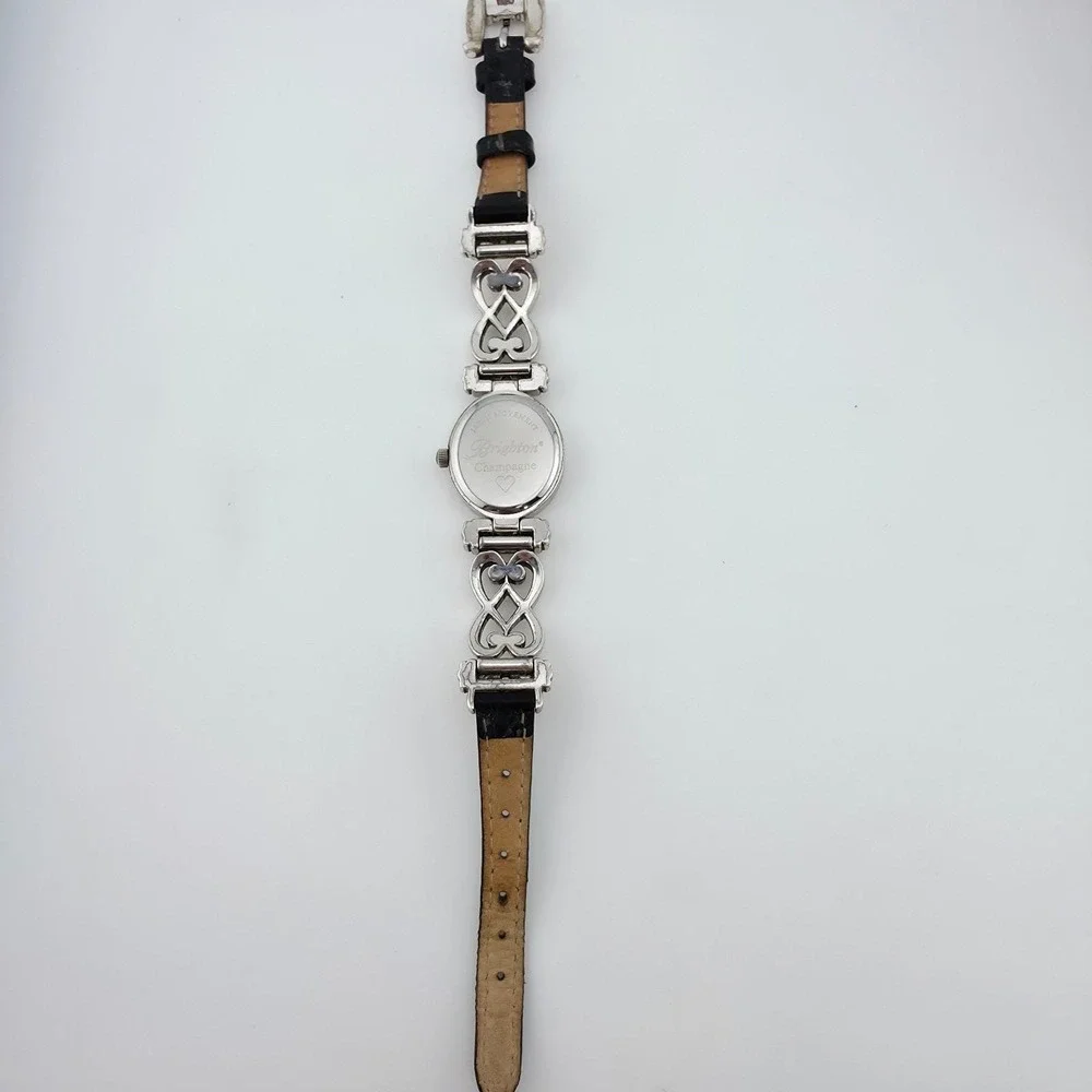 BRIGHTON 'Champagne' Watch Black Leather Band Scrollwork Gold Silver Plate 7.25